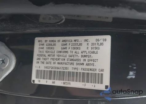 2009 Honda Accord 2.4 Lx from USA, damaged, VIN 1HGCP26309A172351